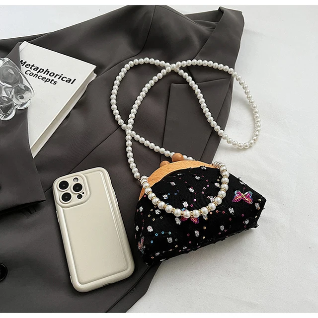 Woodgrain Charm Clutch with pearl chain