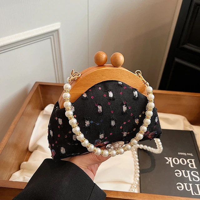 Woodgrain Charm Clutch with pearl chain