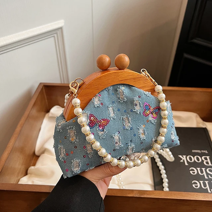 Woodgrain Charm Clutch with pearl chain